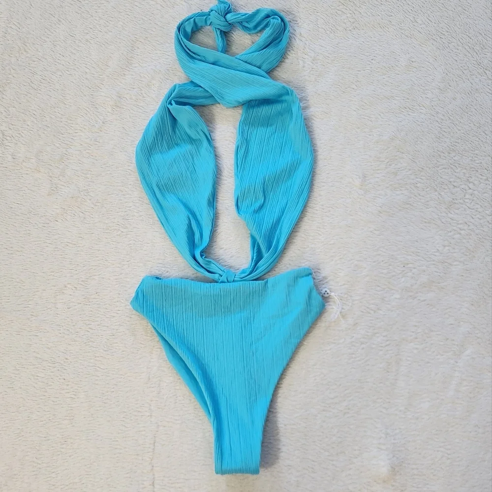 New!Frankie's Bikinis Dorothy‎ Plisse Halter One-piece Swimsuit